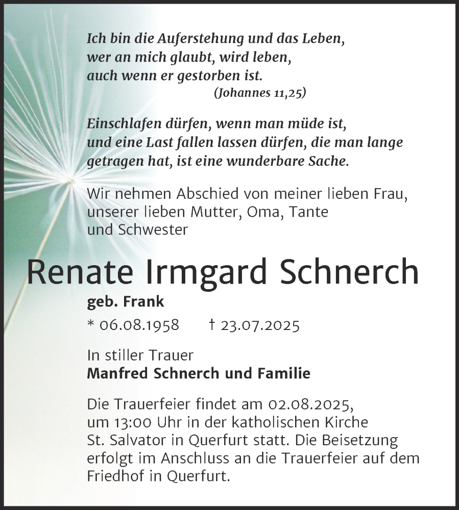  Traueranzeige für Renate Irmgard Schnerch vom 26.07.2025 aus Trauerkombi Merseburg