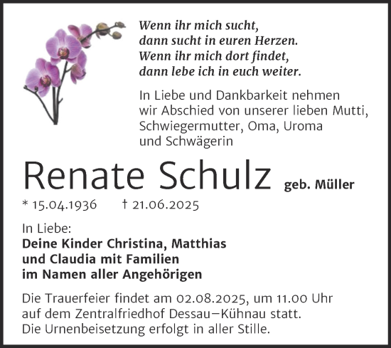 Traueranzeige von Renate Schulz Schulz von Trauerkombi Dessau