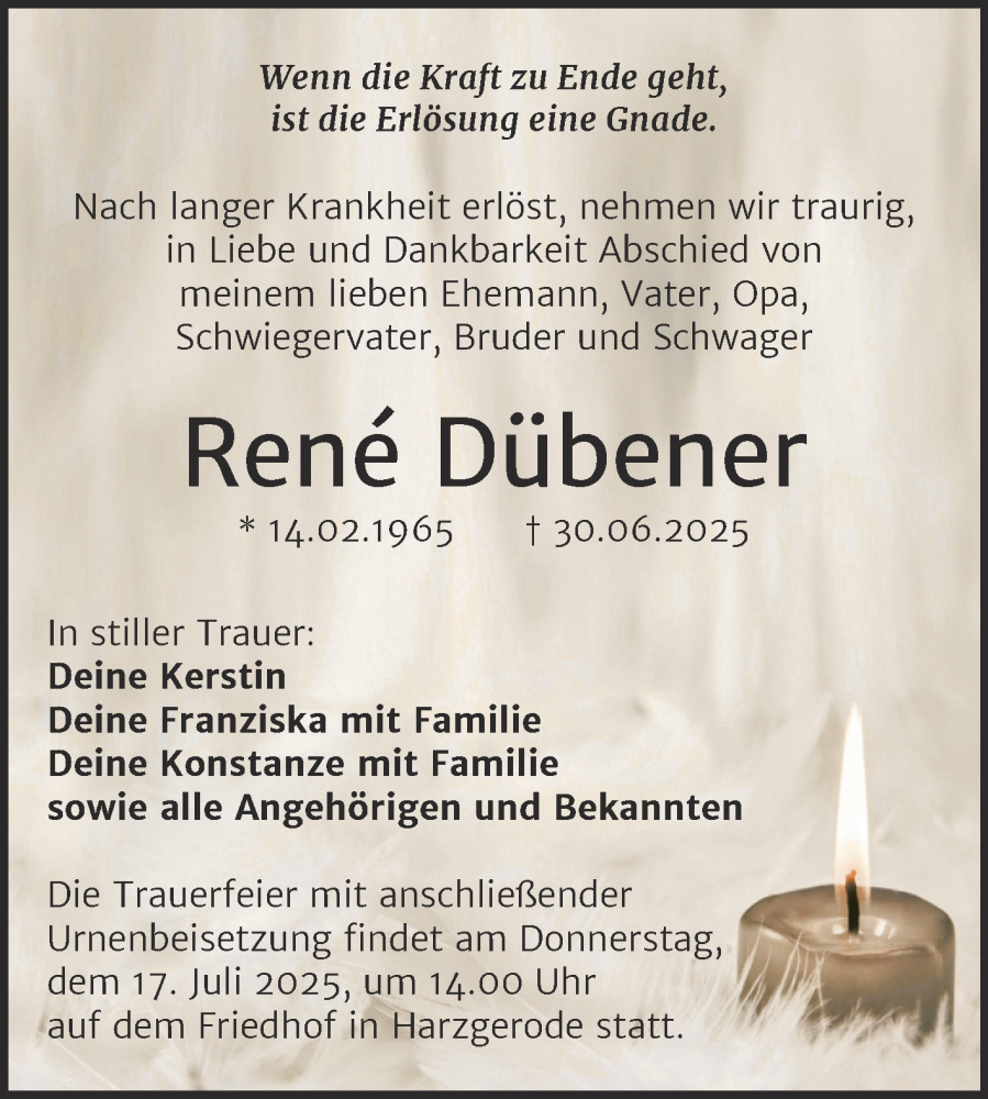  Traueranzeige für René Dübener vom 12.07.2025 aus Trauerkombi Quedlinburg