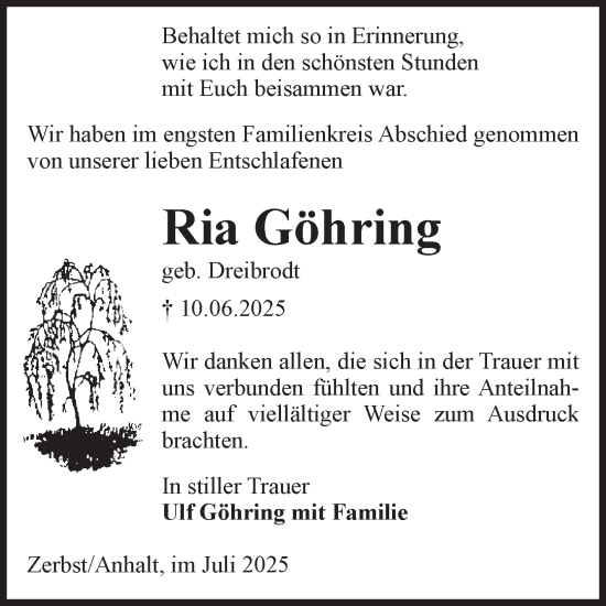 Traueranzeige von Ria Göhring von Volksstimme Zerbst