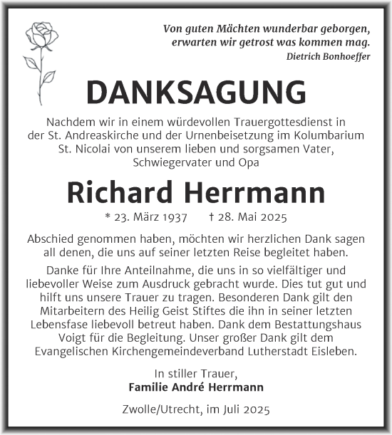 Traueranzeige von Richard Herrmann von Trauerkombi Mansfelder Land