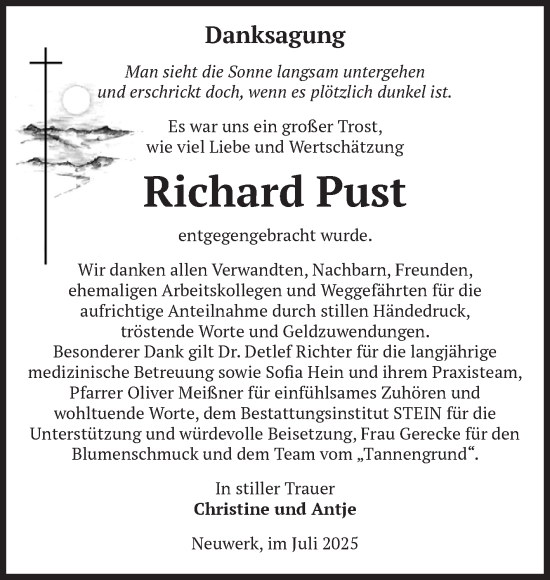 Traueranzeige von Richard Pust von Volksstimme Wernigerode