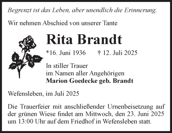 Traueranzeige von Rita Brandt von Volksstimme Oschersleben/Wanzleben