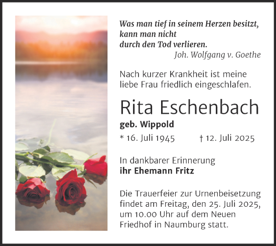 Traueranzeige von Rita Eschenbach von Super Sonntag Naumburg/Nebra