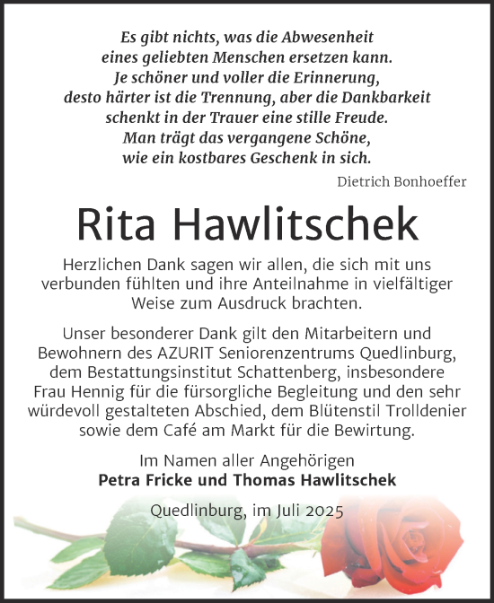 Traueranzeige von Rita Hawlitschek von Trauerkombi Quedlinburg