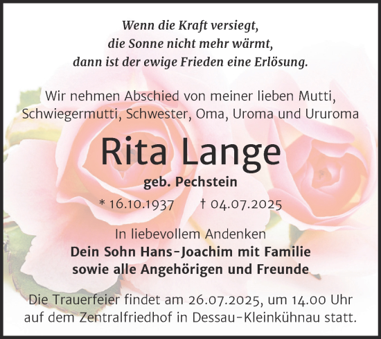 Traueranzeige von Rita Lange von Trauerkombi Dessau