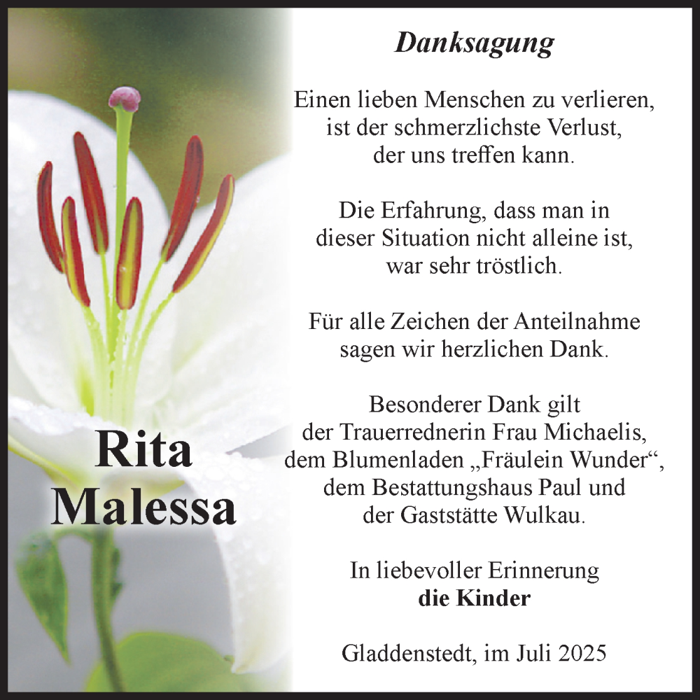  Traueranzeige für Rita Malessa vom 22.07.2025 aus Volksstimme Altmark West