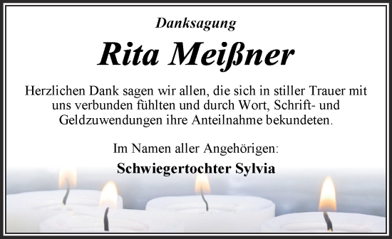 Traueranzeige von Rita Meißner von Trauerkombi Wittenberg