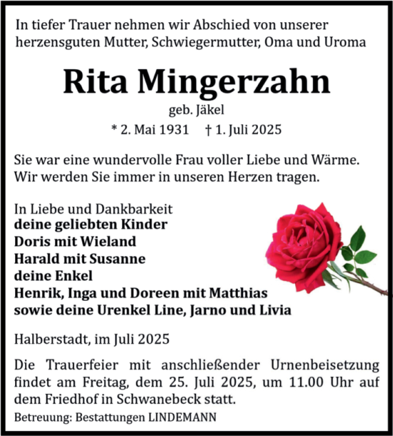 Traueranzeige von Rita Mingerzahn von Volksstimme Halberstadt