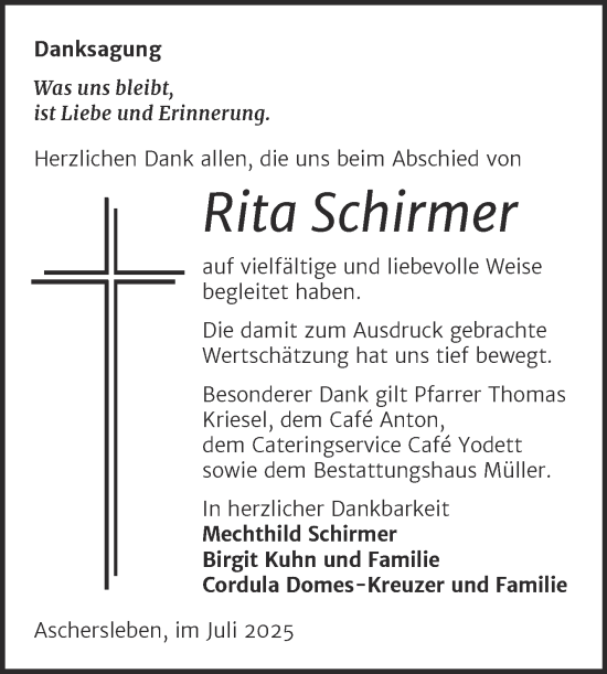 Traueranzeige von Rita Schirmer von Trauerkombi Aschersleben