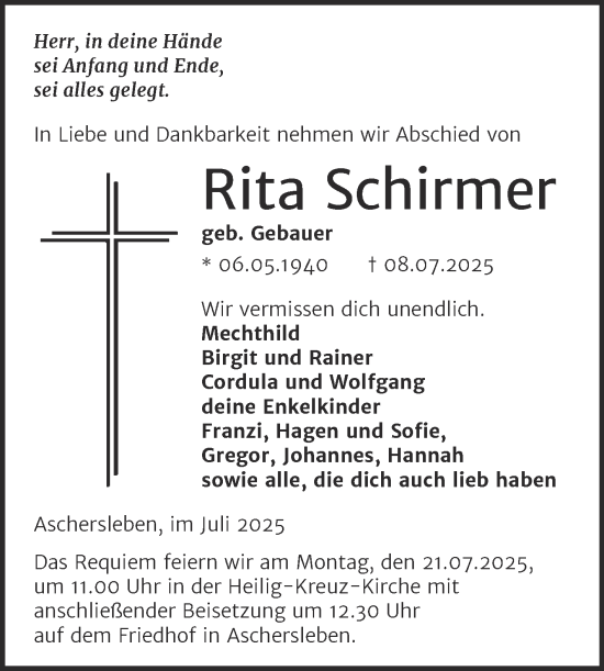 Traueranzeige von Rita Schirmer von Trauerkombi Aschersleben