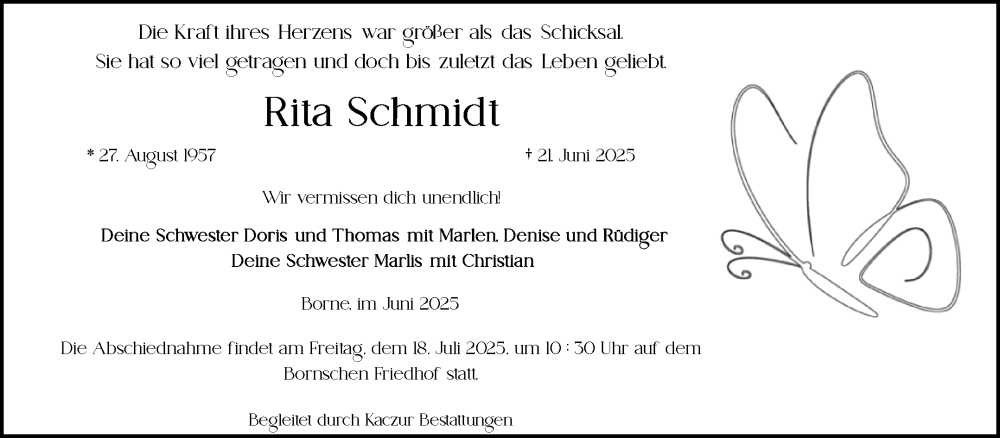  Traueranzeige für Rita Schmidt vom 05.07.2025 aus Volksstimme Staßfurt