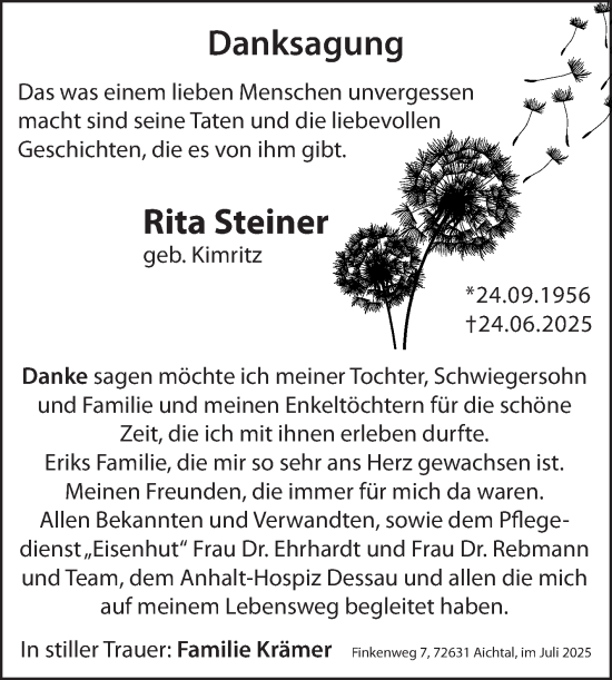 Traueranzeige von Rita Steiner von Trauerkombi Köthen