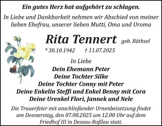 Traueranzeige von Rita Tennert von Trauerkombi Dessau