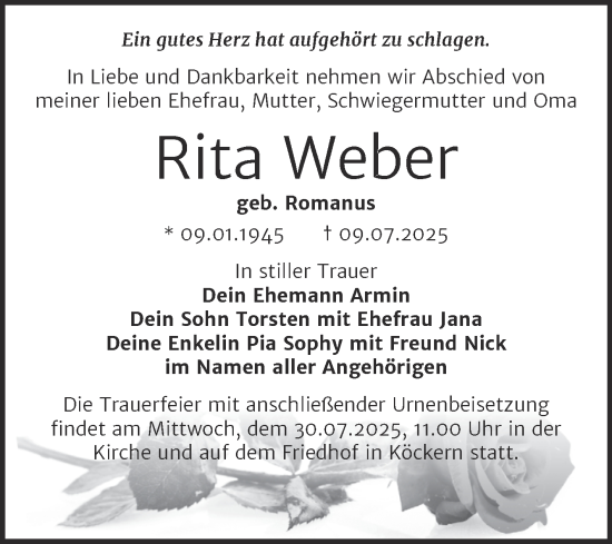 Traueranzeige von Rita Weber von Trauerkombi Bitterfeld