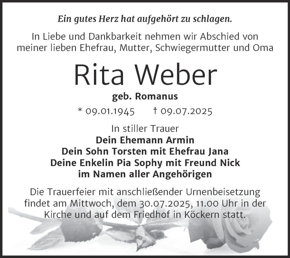  Traueranzeige für Rita Weber vom 19.07.2025 aus Trauerkombi Bitterfeld