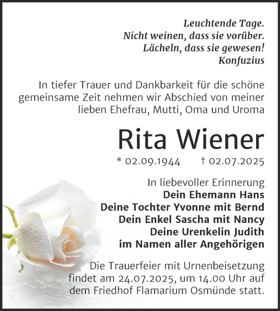 Traueranzeige von Rita Wiener von Trauerkombi Merseburg