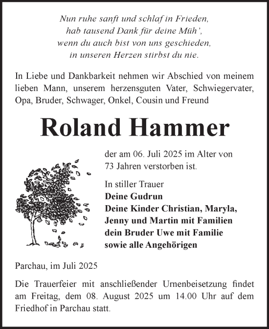 Traueranzeige von Roland Hammer von Trauerkombi Köthen