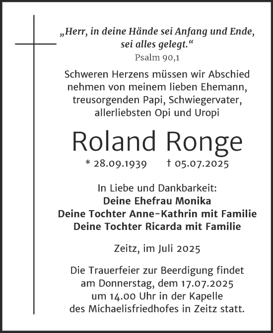 Traueranzeige von Roland Ronge von Trauerkombi Zeitz