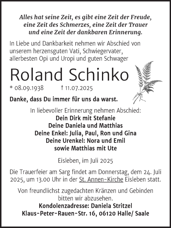 Traueranzeige von Roland Schinko von Trauerkombi Mansfelder Land