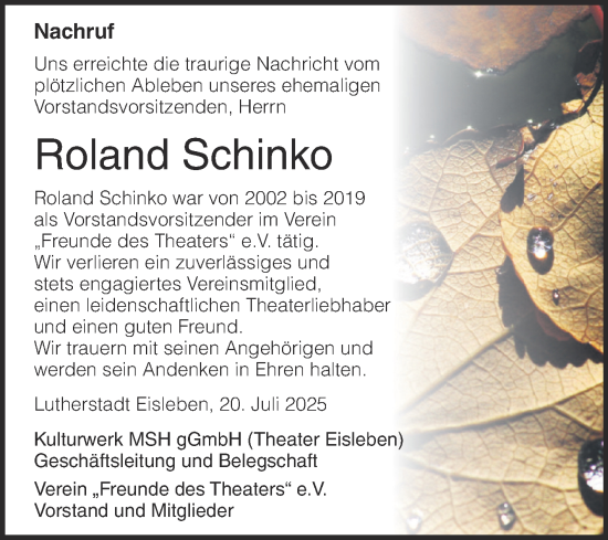 Traueranzeige von Roland Schinko von Mitteldeutsche Zeitung Mansfelder Land