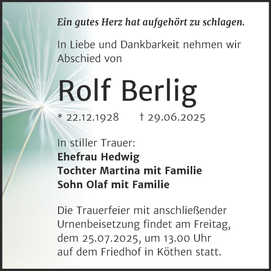 Traueranzeige von Rolf Berlig von Trauerkombi Köthen