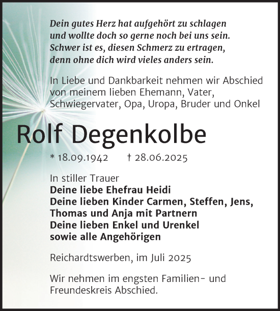 Traueranzeige von Rolf Degenkolbe von Trauerkombi Weißenfels