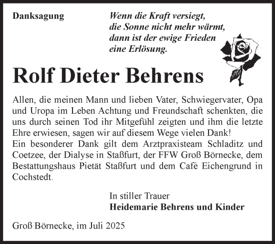Traueranzeige von Rolf Dieter Behrens 