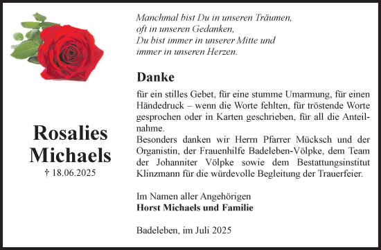 Traueranzeige von Rosalies Michaels von Volksstimme Oschersleben/Wanzleben