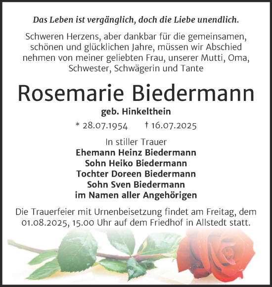 Traueranzeige von Rosemarie Biedermann von Trauerkombi Sangerhausen