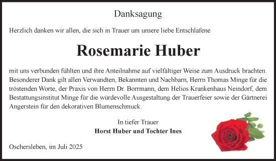 Traueranzeige von Rosemarie Huber von Volksstimme Oschersleben/Wanzleben