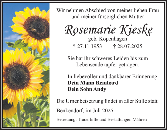 Traueranzeige von Rosemarie Kieske von Volksstimme Altmark West
