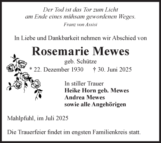 Traueranzeige von Rosemarie Mewes von Volksstimme Altmark Ost