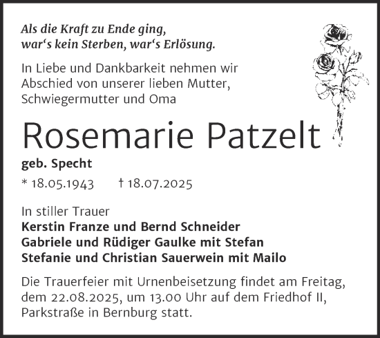 Traueranzeige von Rosemarie Patzelt von Trauerkombi Bernburg