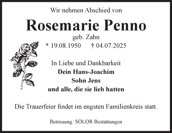 Traueranzeige von Rosemarie Penno von Volksstimme Magdeburg