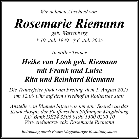 Traueranzeige von Rosemarie Riemann von Volksstimme Magdeburg