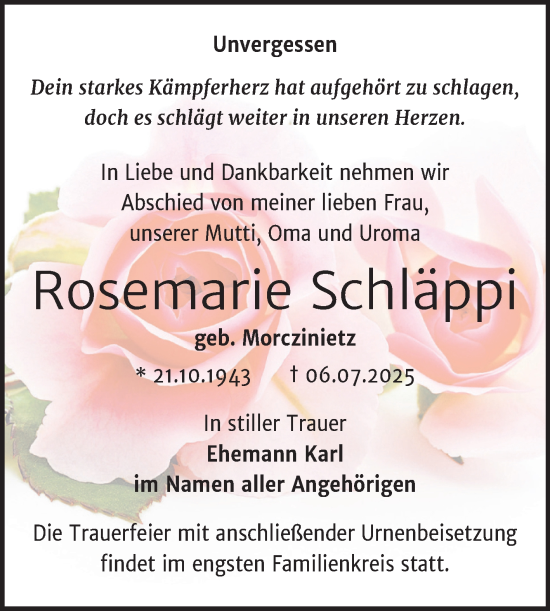 Traueranzeige von Rosemarie Schläppi von Trauerkombi Wittenberg