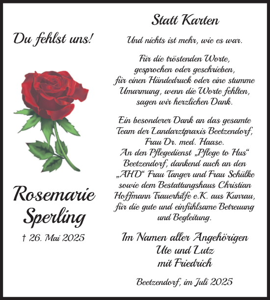 Traueranzeige von Rosemarie Sperling von Volksstimme Altmark West