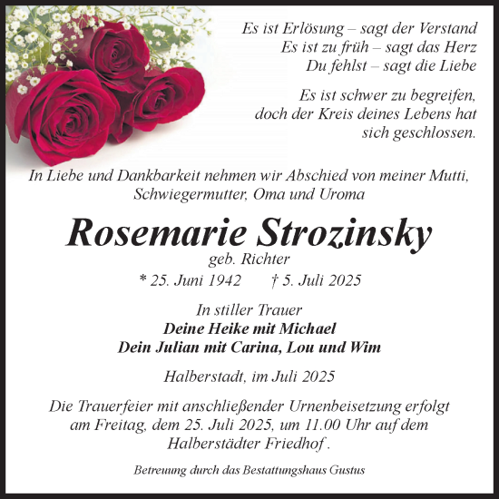 Traueranzeige von Rosemarie Strozinsky von Volksstimme Halberstadt