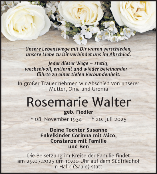 Traueranzeige von Rosemarie Walter von Mitteldeutsche Zeitung Halle/Saalkreis