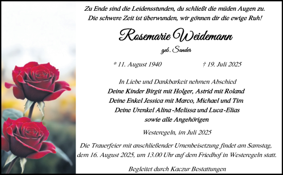 Traueranzeige von Rosemarie Weidemann von Volksstimme Staßfurt