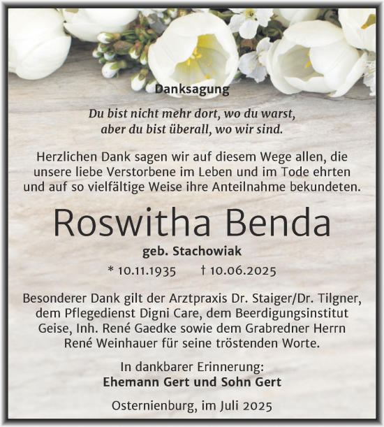 Traueranzeige von Roswitha Benda von Trauerkombi Köthen