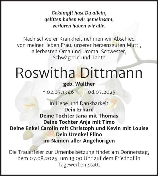 Traueranzeige von Roswitha Dittmann von Trauerkombi Weißenfels
