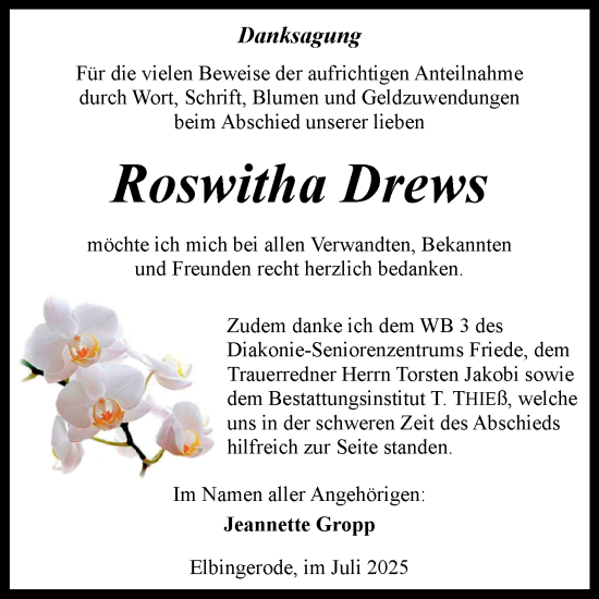 Traueranzeige von Roswitha Drews von Volksstimme Wernigerode