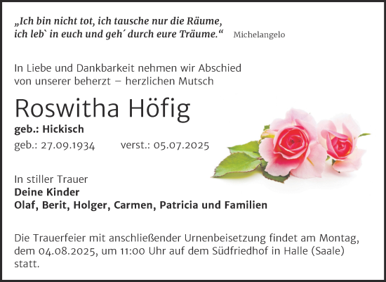 Traueranzeige von Roswitha Höfig von Mitteldeutsche Zeitung Halle/Saalkreis