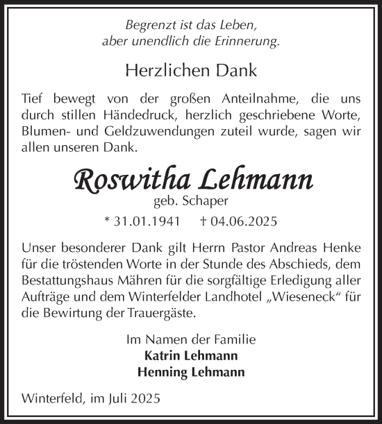 Traueranzeige von Roswitha Lehmann von Volksstimme Altmark West