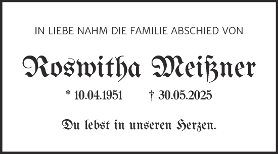 Traueranzeige von Roswitha Meißner von Trauerkombi Wittenberg