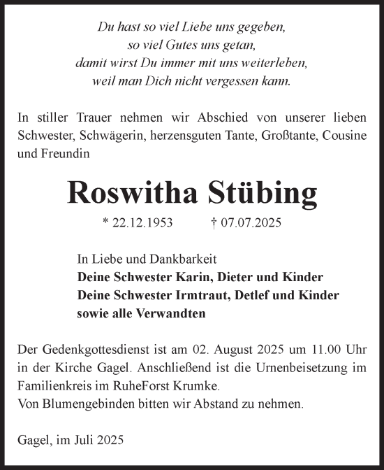 Traueranzeige von Roswitha Stübing von Volksstimme Altmark Ost