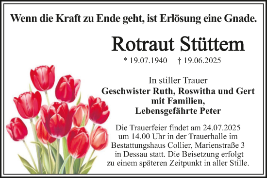 Traueranzeige von Rotraut Stüttem von Trauerkombi Dessau