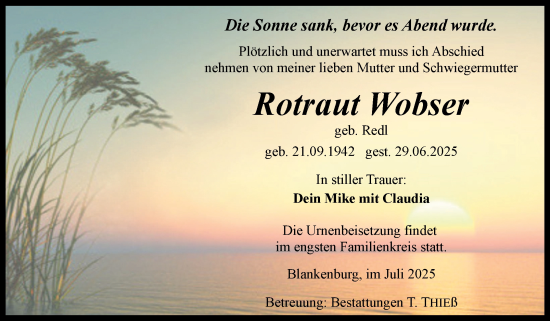 Traueranzeige von Rotraut Wobser von Volksstimme Wernigerode